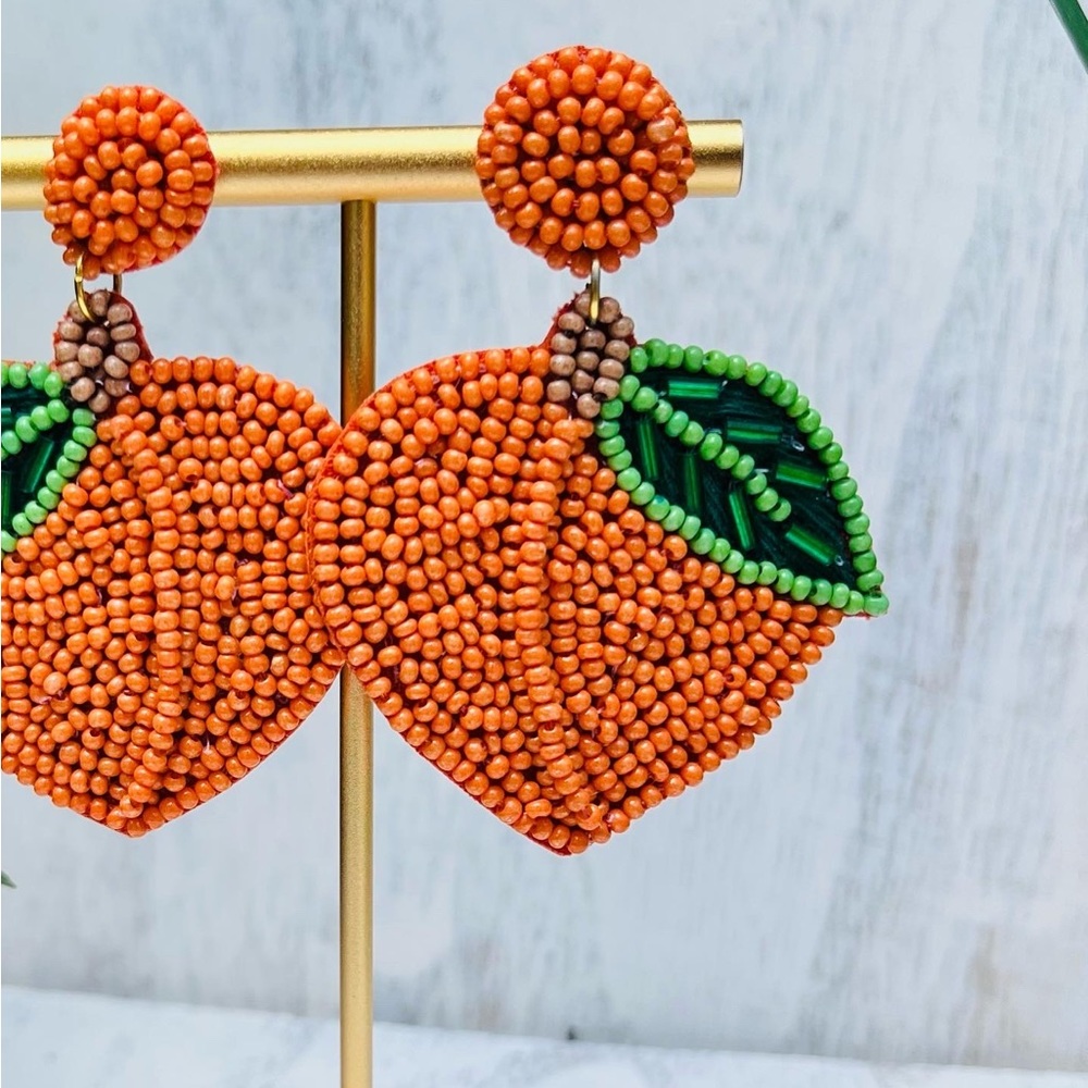 Beaded Peach Statement Earrings - Picture 2 of 4